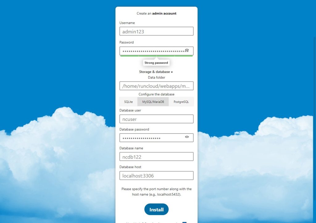 Create Nextcloud admin account