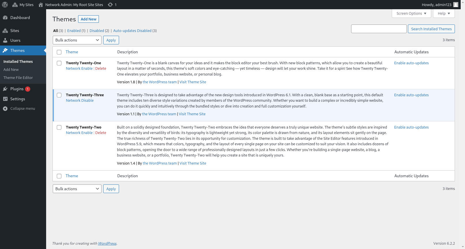 Installing themes on a WordPress network