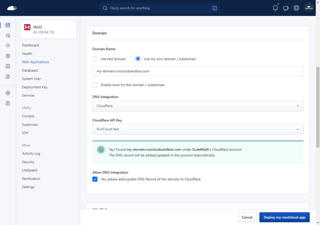 Set domain name on RUnCloud