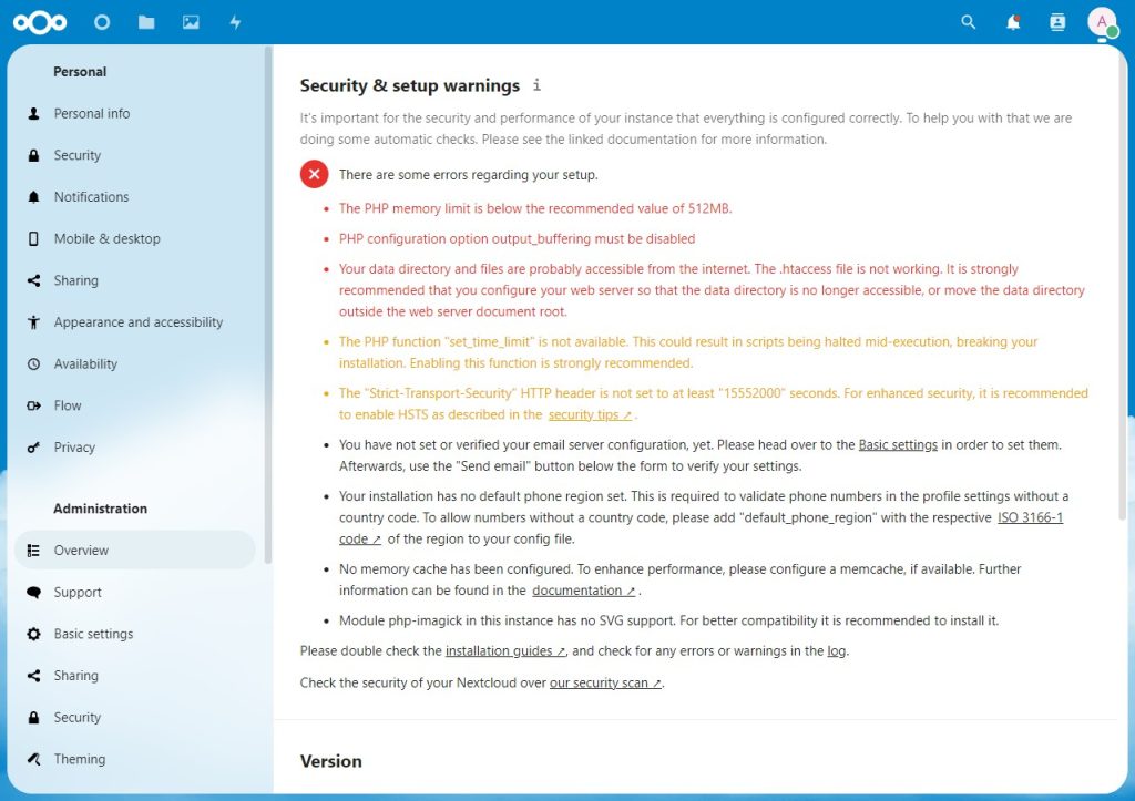 Warnings on Nextcloud dashboard