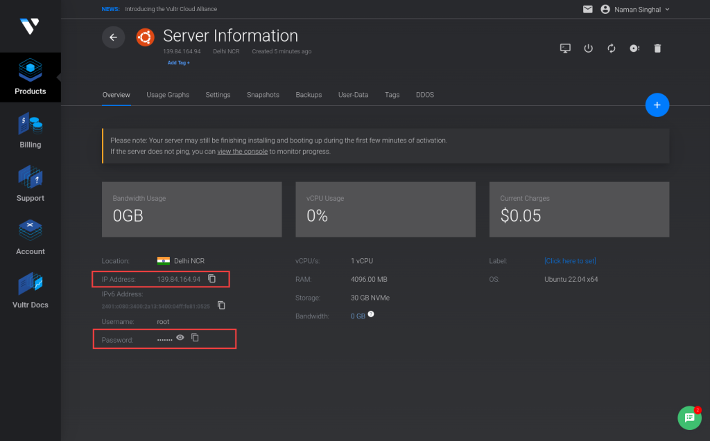 Vultr dashboard