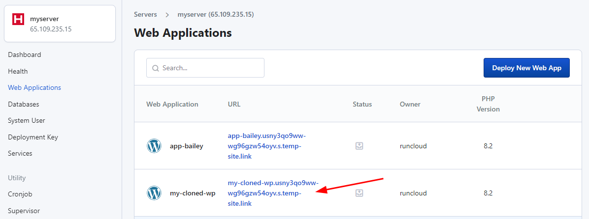 listing cloned applications on RunCloud