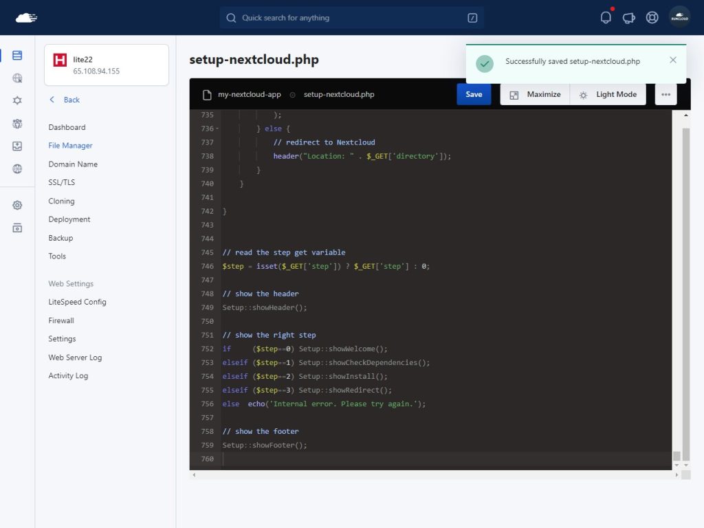 saving file in RunCloud