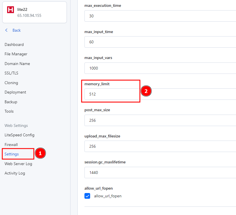 setting memory limit on RunCloud