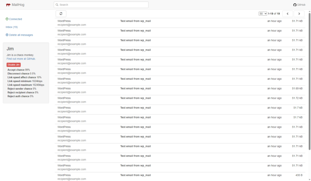 MailHog dashboard