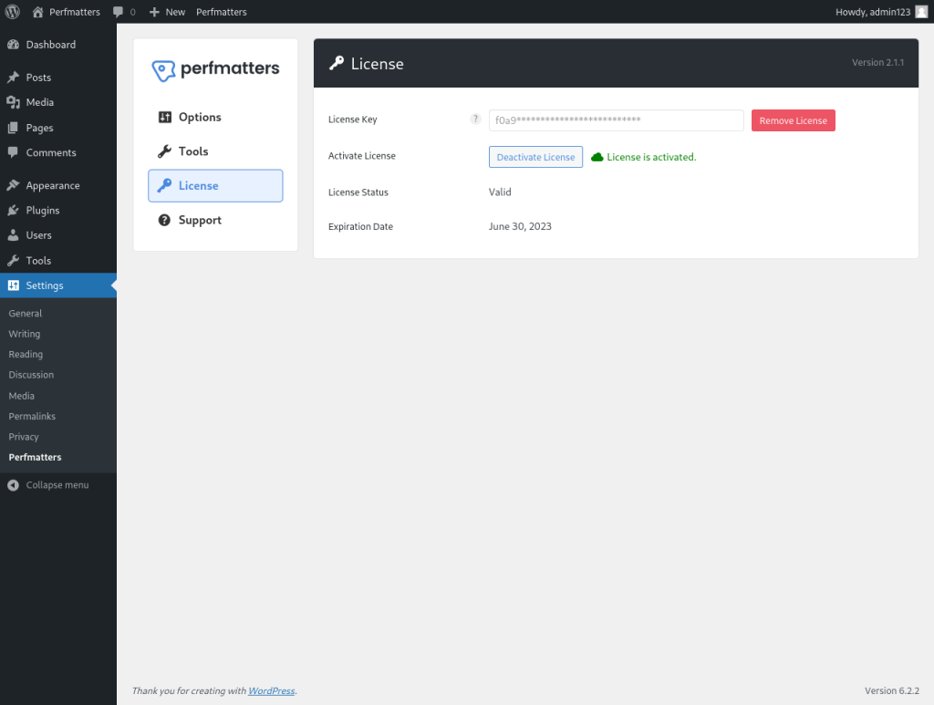 Perfmatters admin dashboard