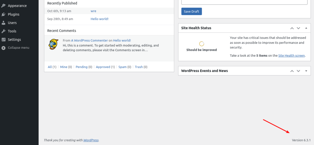 WordPress dashboard version