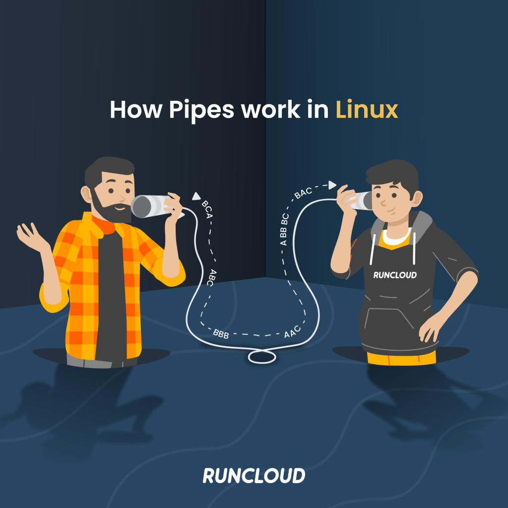 To understand pipes, you can imagine two people talking on a ‘tin can telephone’. Here the first person is passing some information and the second person can only hear the information being passed. In this example, the telephone is acting as a pipe and the second person can not jump to the end of the conversation without listening to the entire conversation first.