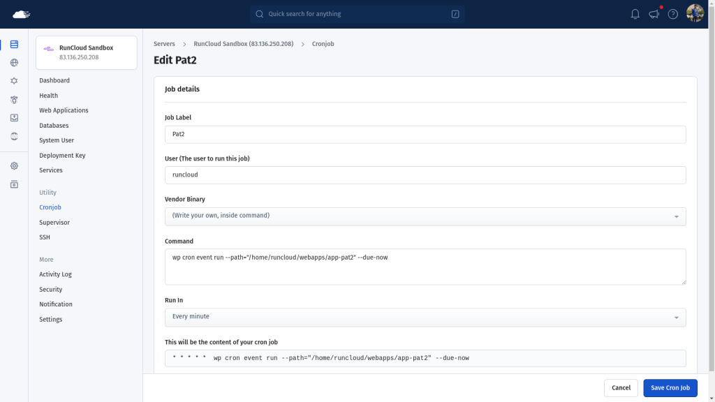 cron jobs runcloud