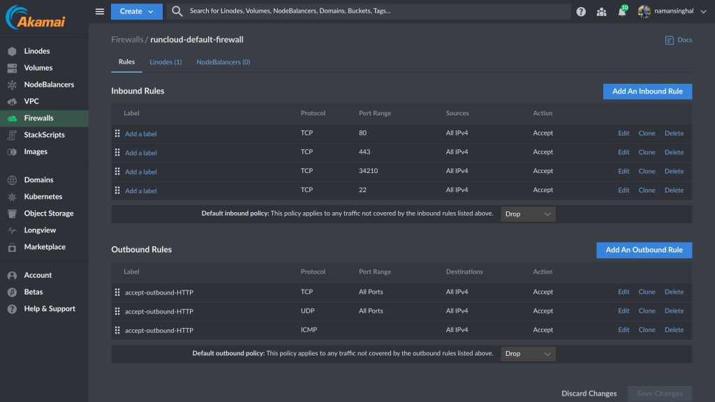 Firewall rules in Akamai cloud