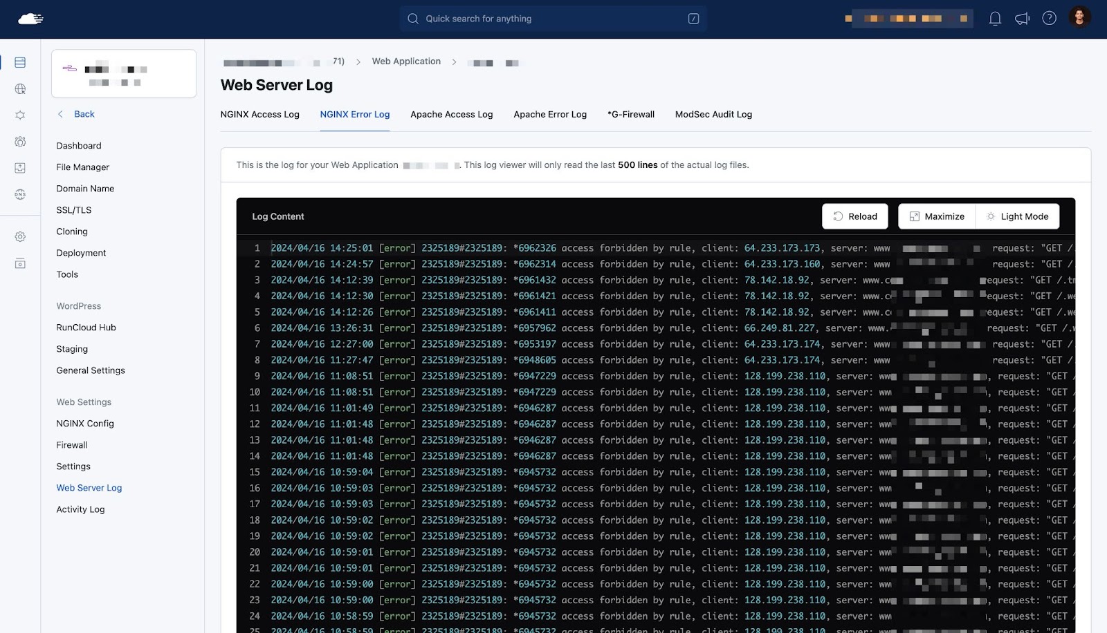 All RunCloud users can easily check their server logs like NGINX Error Log etc directly from their server dashboard