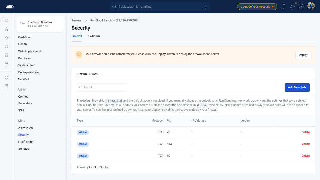 Firewall manager from Runcloud Server Management Dashboard