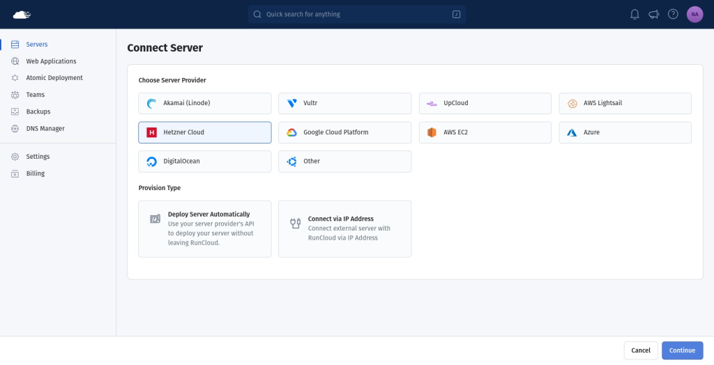 An image from RunCloud Dashboard, where you can connect any Cloud or VPS Server.