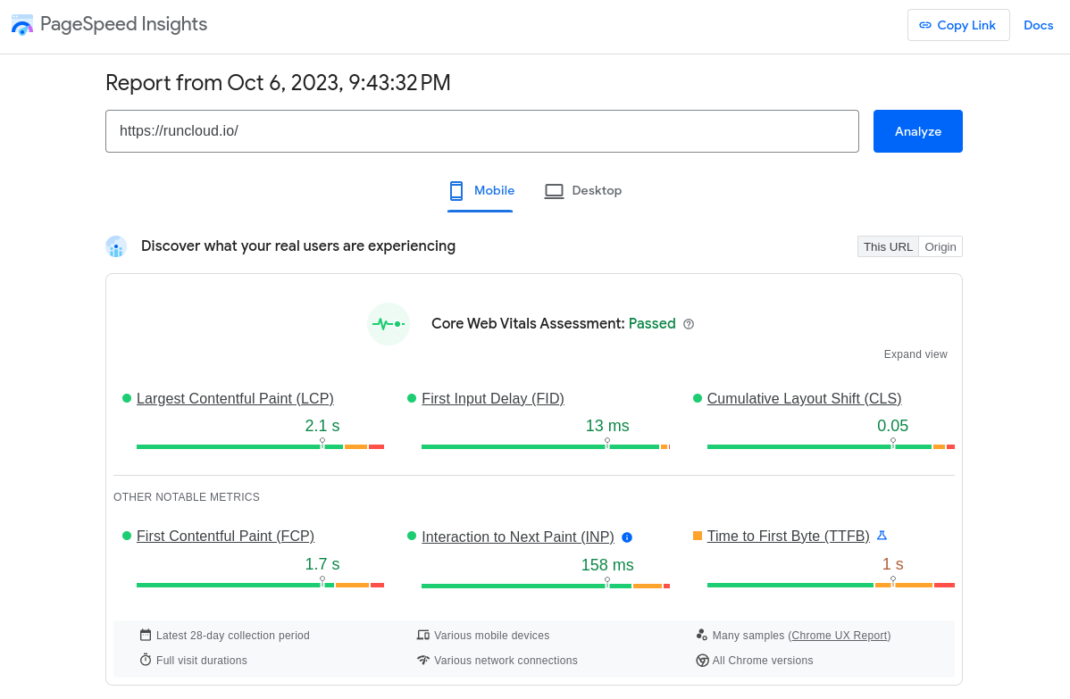 Lighthouse results for WordPress Speed Optimization