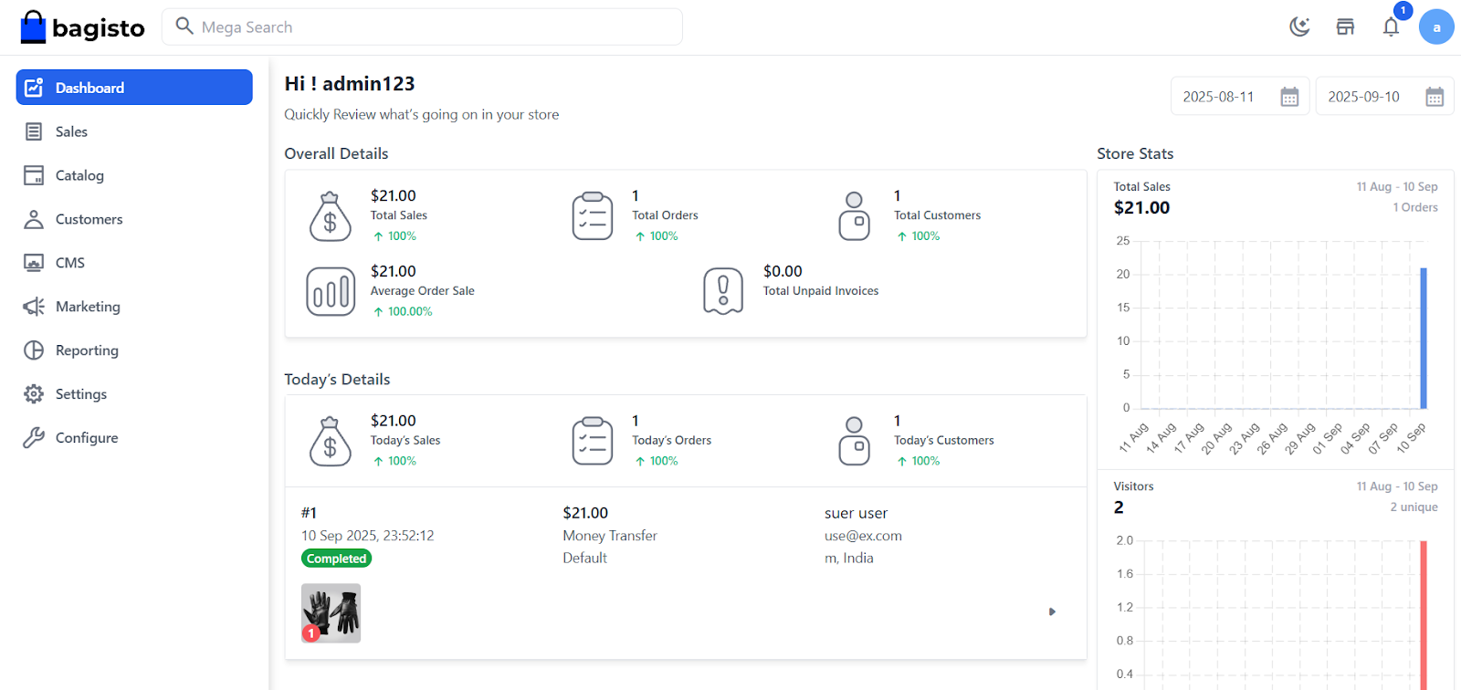 Bagisto dashboard