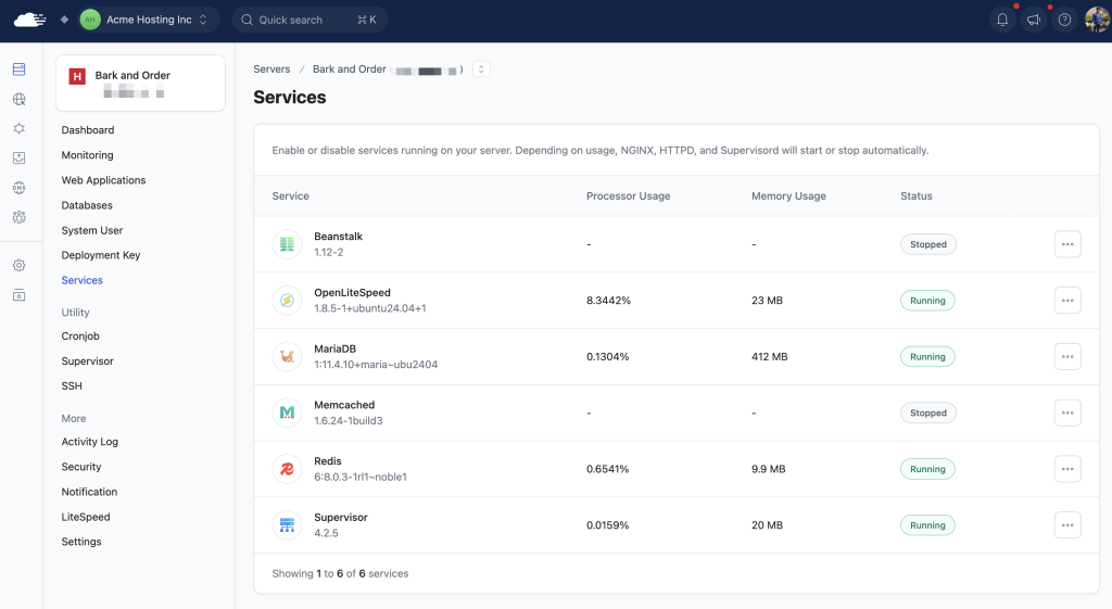 RunCloud services dashboard