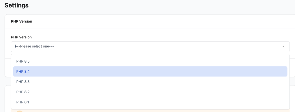 RunCloud dashboard dropdown menu showing available PHP versions including PHP 8.2 and PHP 8.3.
