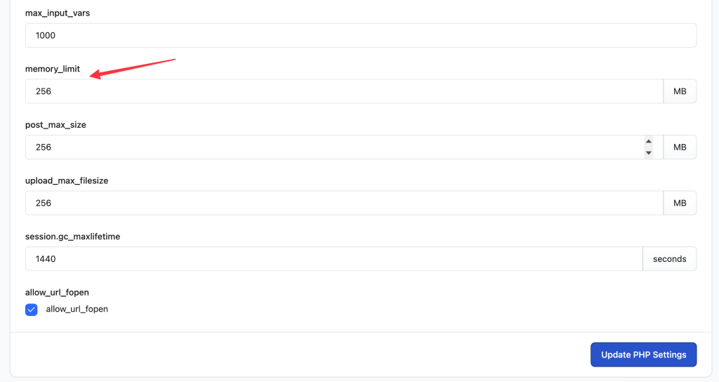 RunCloud PHP settings page showing the memory_limit option set to 256MB.