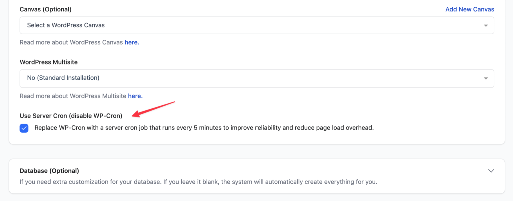 RunCloud WordPress installation settings showing the option to use a real server cron instead of WP-Cron.