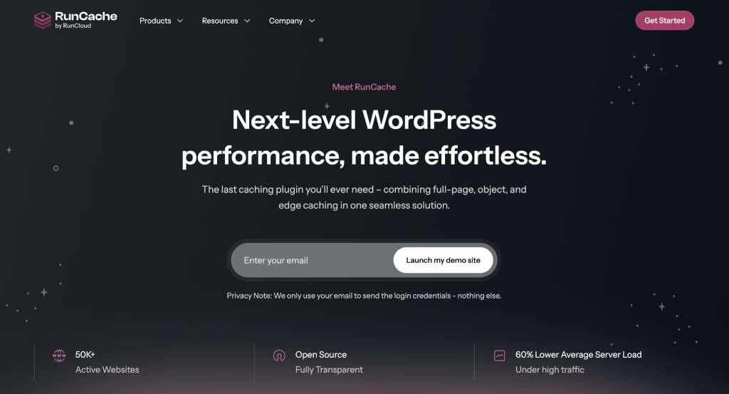 Screenshot of the RunCloud dashboard homepage promoting WordPress server performance, caching, and optimisation features.