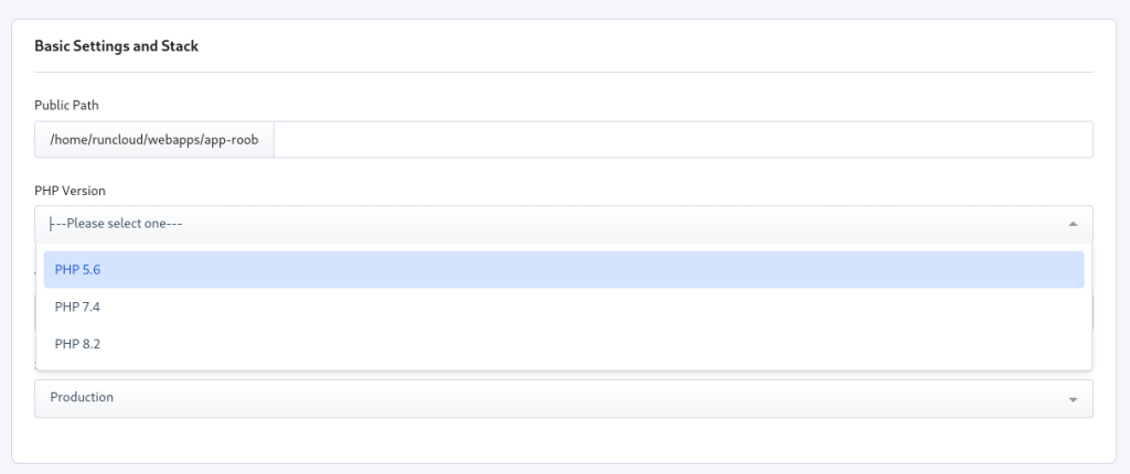 Screenshot of PHP version settings inside the RunCloud dashboard showing selectable PHP versions for a web application.