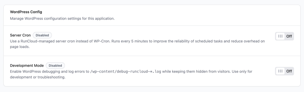 Screenshot of the RunCloud server settings panel showing cron job configuration options for replacing WP-Cron with a real server cron job.