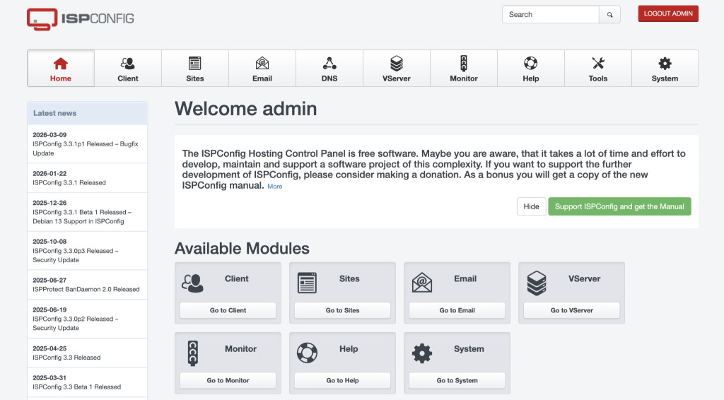 ISPConfig website homepage
