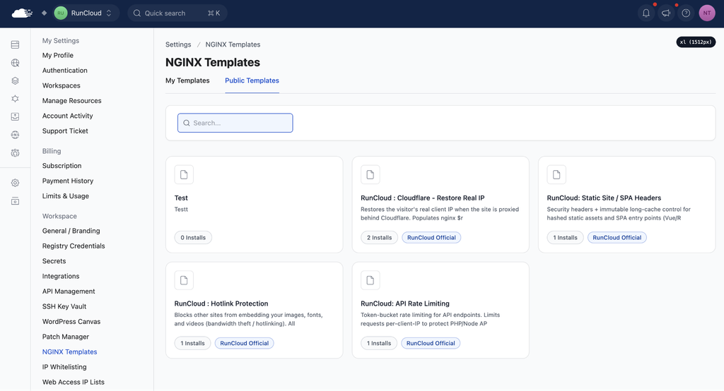 RunCloud NGINX template dashboard for creating reverse proxy
