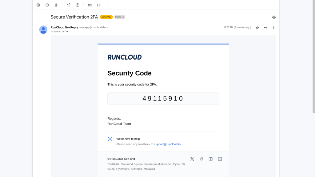 One time password for RunCloud