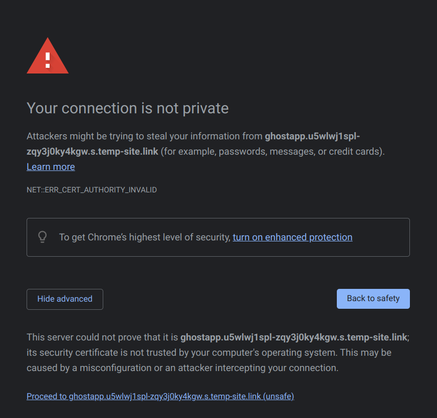 Connection is not private warning on browser