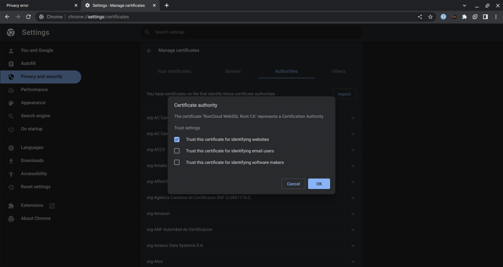 Adding a root certificate on browser.