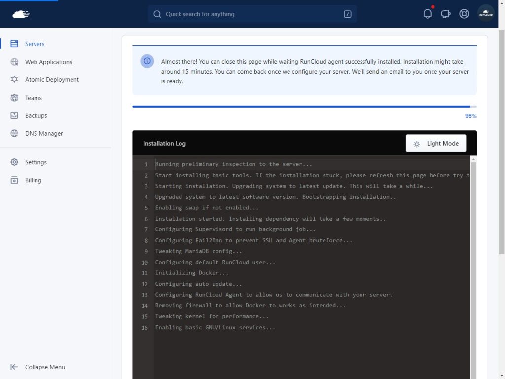 RunCloud server installation via API