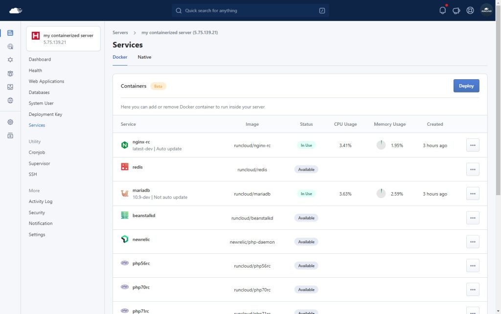 RunCloud docker services