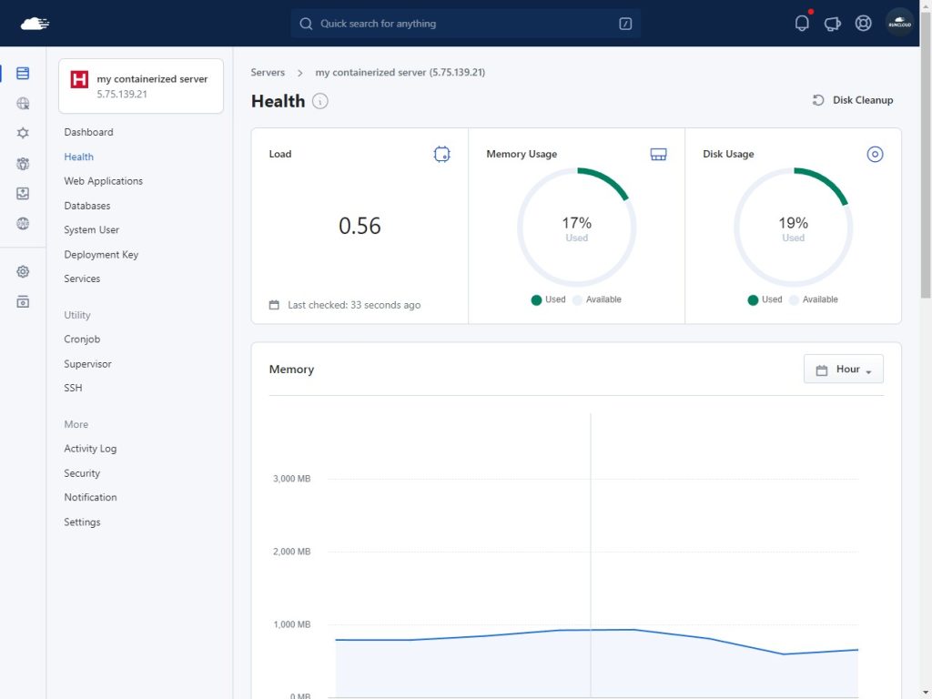 RunCloud Health dashboard
