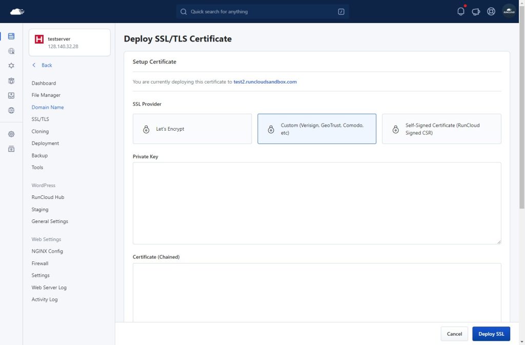 Using Custom TLS certificates on RunCloud