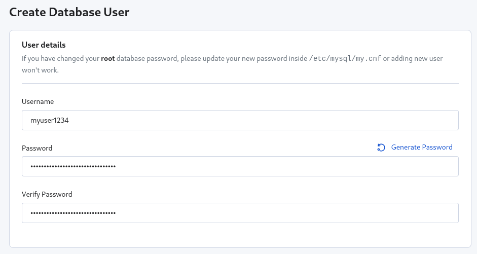 Creating database user credentials on RunCloud