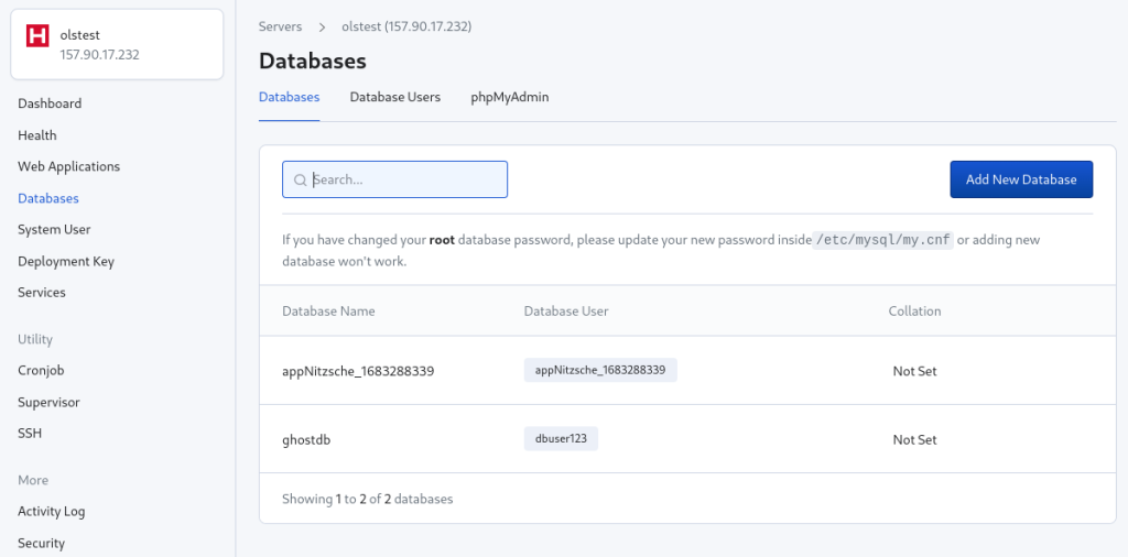 RunCloud Create a database