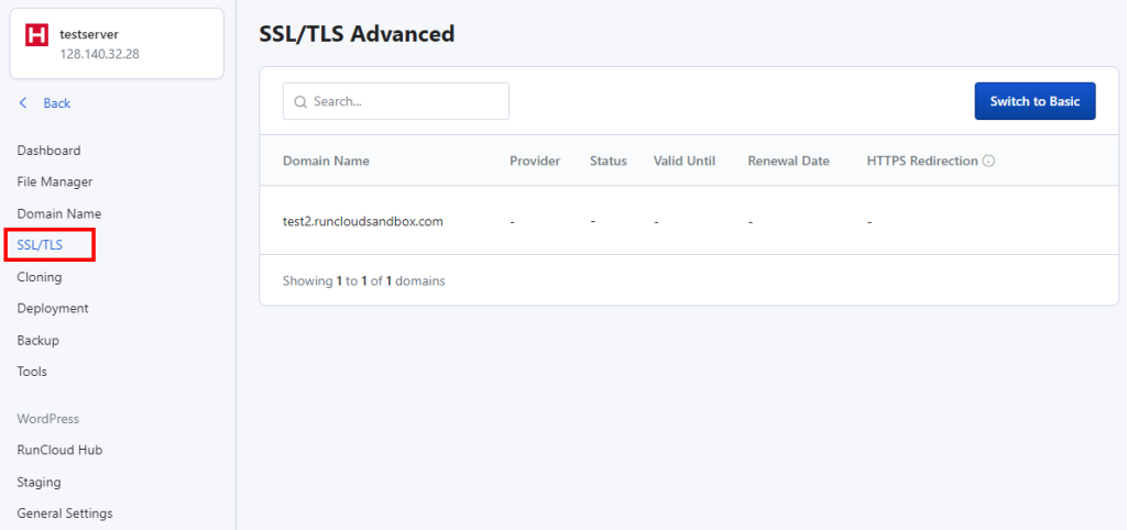 SSL/TLS settings on RunCloud dashboard