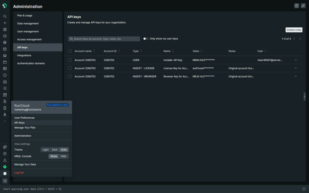 License key on NewRelic dashboard