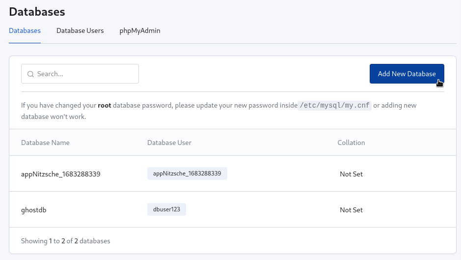 Creating a new Database on RunCloud