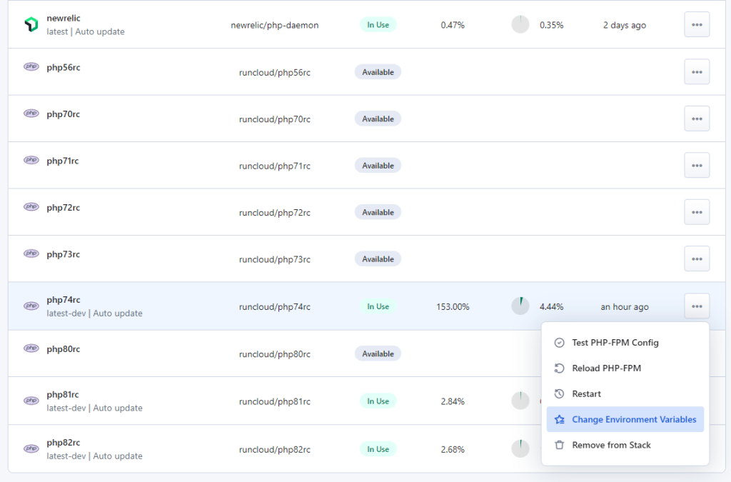 Change environment variables in RunCloud docker