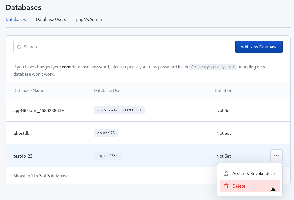 RunCloud edit a database settings