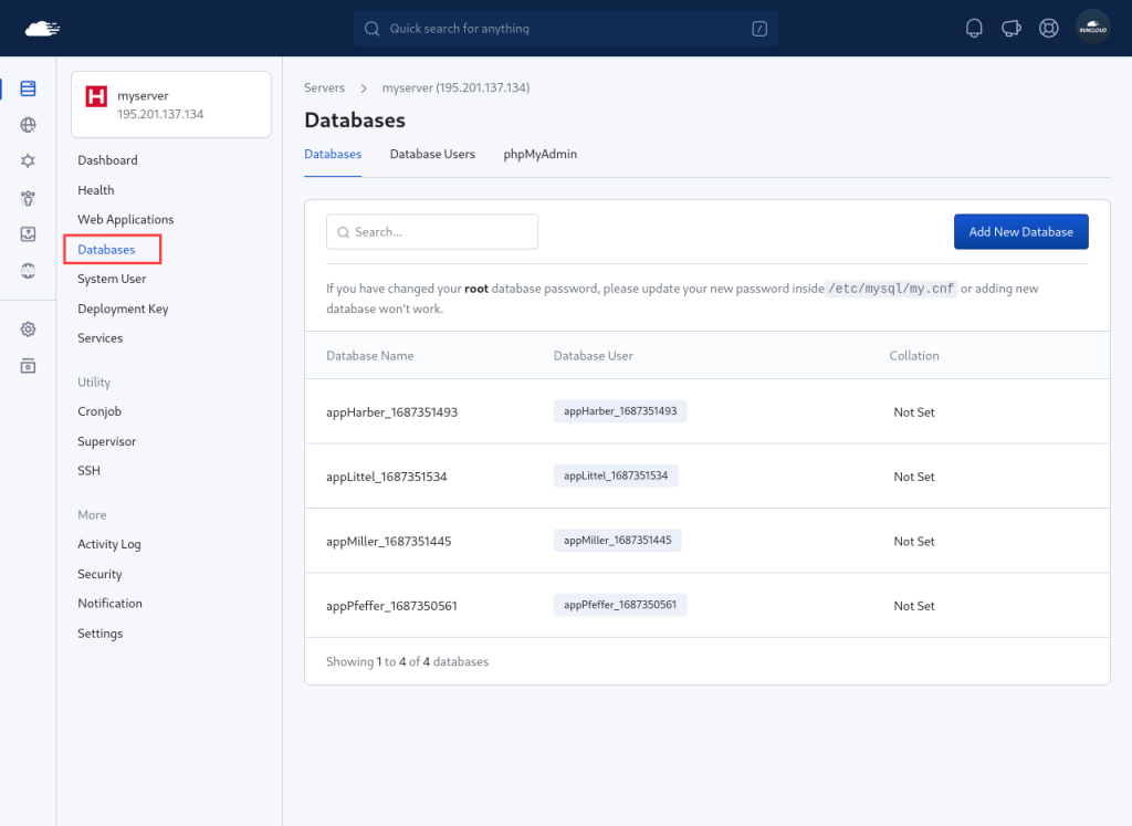 RunCloud Database collation
