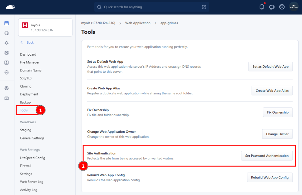RunCloud tools menu to enable site authentication
