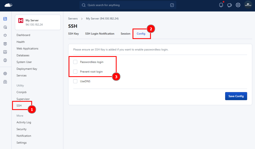 SSH configuration RunCloud dashboard