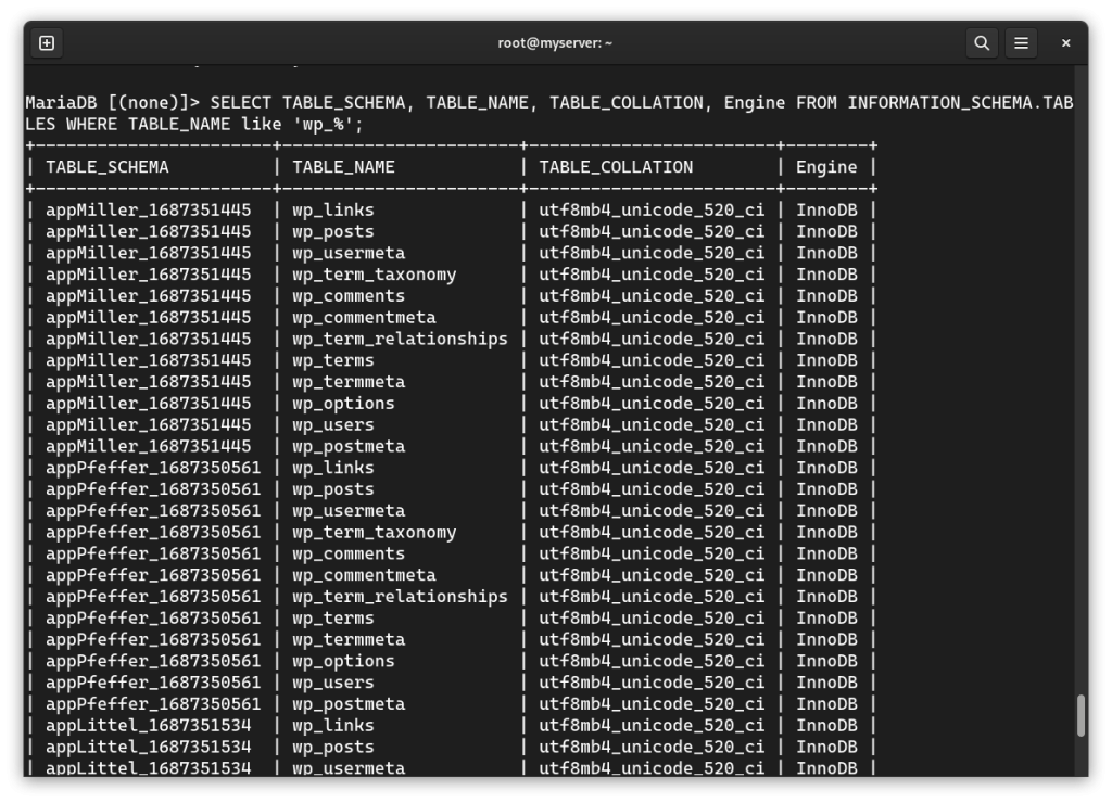 Show Table collation in MariaDB