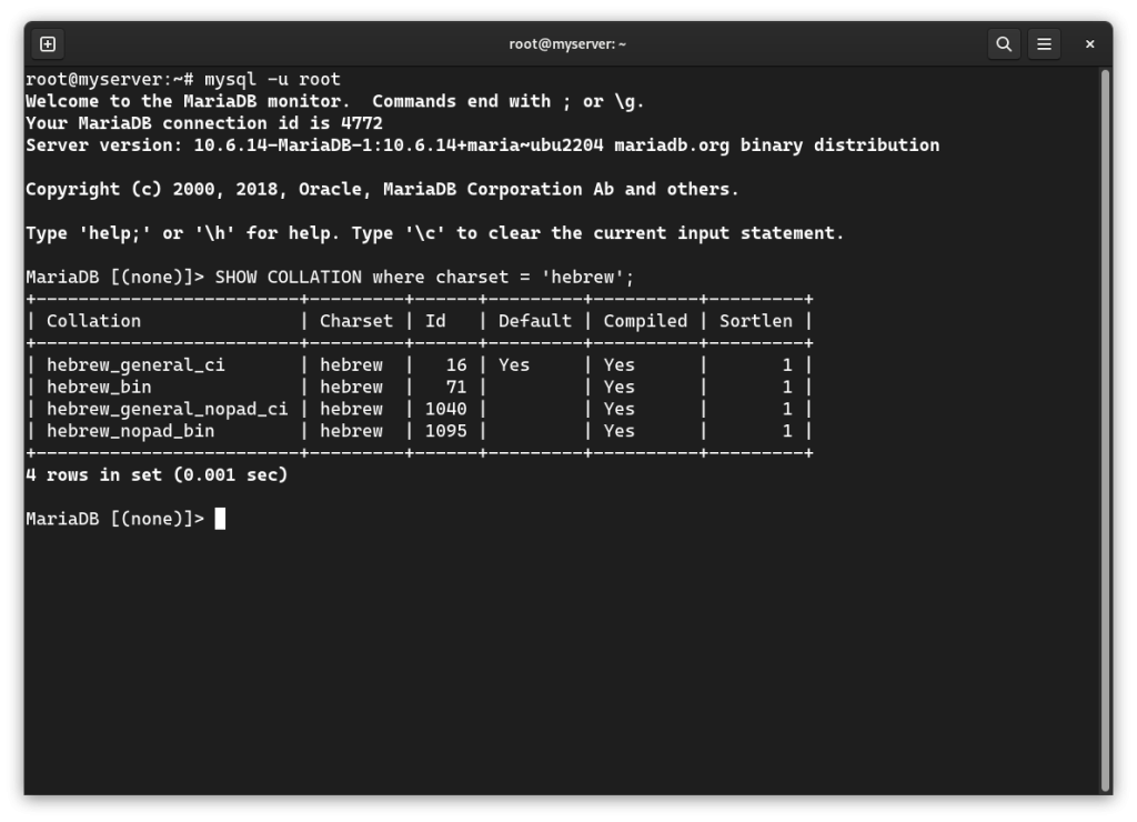 Show Hebrew Collation in MariaDB