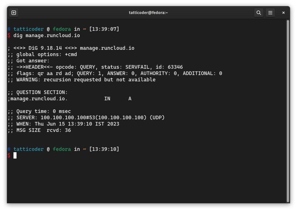Failed DNS resolution using dig command to manage.runcloud.io