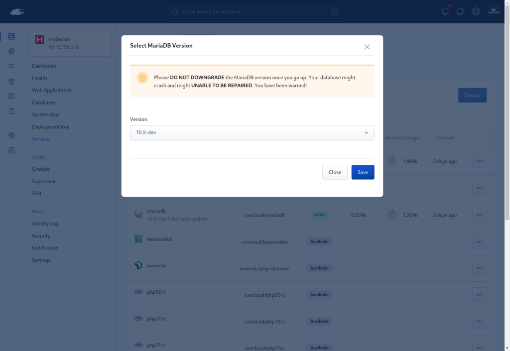 Changing MariaDB version on RunCloud