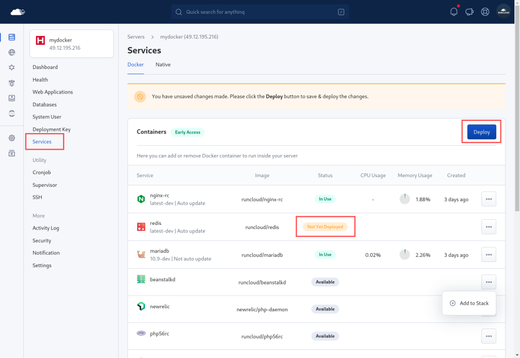 Adding or Removing services on RunCloud docker
